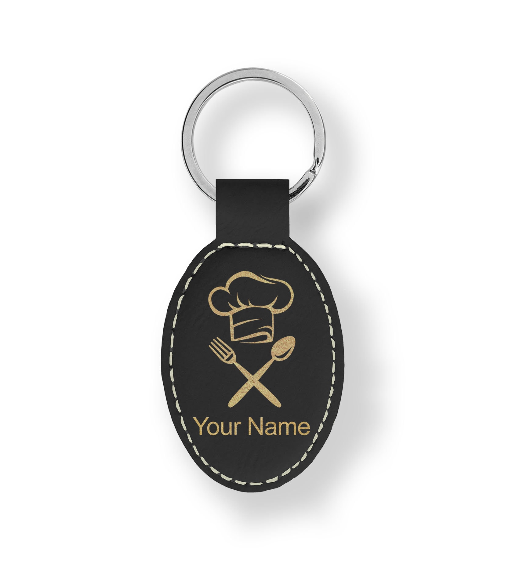 Faux Leather Oval Keychain, chef Hat, Personalized Engraving