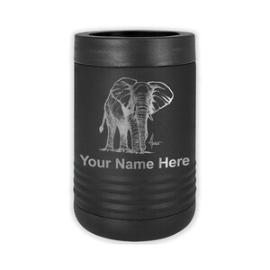May include: Black stainless steel can cooler with a silver engraved image of an elephant. The text "Your Name Here" is engraved below the image.