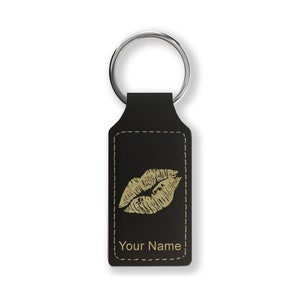 Faux Leather Rectangle Keychain, Lipstick Kiss, Personalized Engraving Included