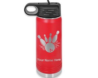 20oz Double Wall Flip Top Water Bottle with Straw, Bowling Ball and Pins, Personalized Engraving Included