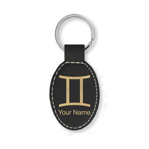 Faux Leather Oval Keychain, Zodiac Sign Gemini, Personalized Engraving Included