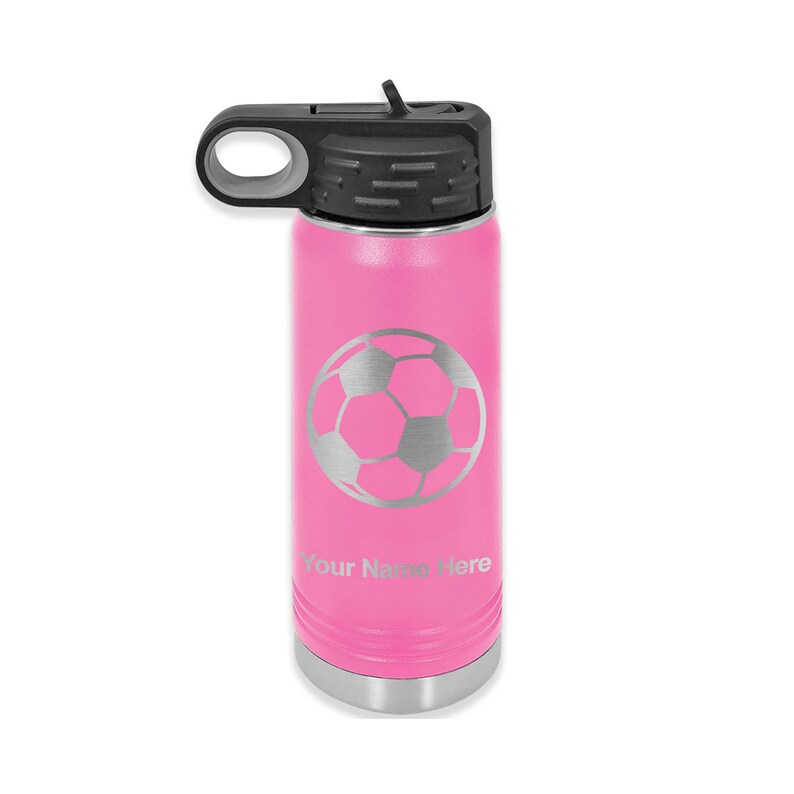 May include: Pink stainless steel water bottle with a silver soccer ball design and the text "Your Name Here".