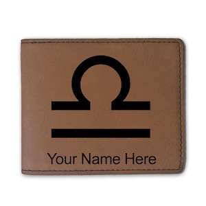 Cartera plegable de cuero sintético, signo zodiacal Libra, grabado personalizado incluido