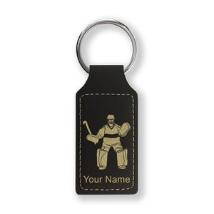 Faux Leather Rectangle Keychain, Field Hockey Goalie, Personalized Engraving Included