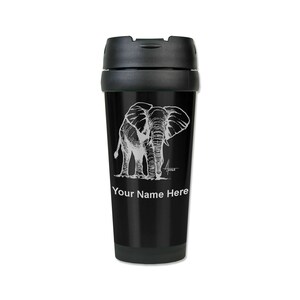 May include: Black travel mug with a white outline drawing of an elephant and the text "Your Name Here".