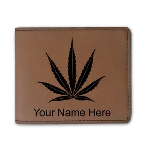 Cartera plegable de cuero sintético, hoja de marihuana, grabado personalizado incluido