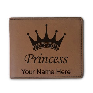 Cartera plegable de cuero sintético, corona de princesa, grabado personalizado incluido