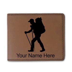 Cartera plegable de cuero sintético, hombre excursionista, grabado personalizado incluido