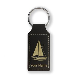 Faux Leather Rectangle Keychain, Sailboat, Personalized Engraving Included