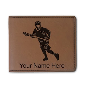 Cartera plegable de cuero sintético, hombre jugador de lacrosse, grabado personalizado incluido