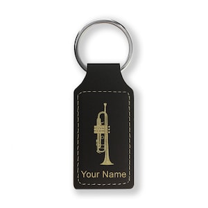 Faux Leather Rectangle Keychain, Trumpet, Personalized Engraving Included