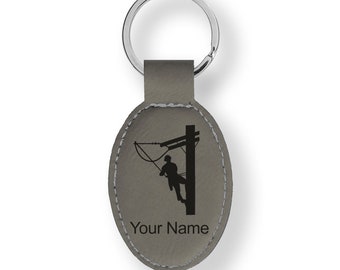 Faux Leather Oval Keychain, lineman, Personalized Engraving