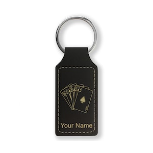 Faux Leather Rectangle Keychain, Royal Flush Poker Cards, Personalized Engraving Included