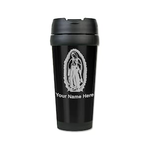 Taza de café de viaje de 16 oz, Virgen de Guadalupe, grabado personalizado incluido