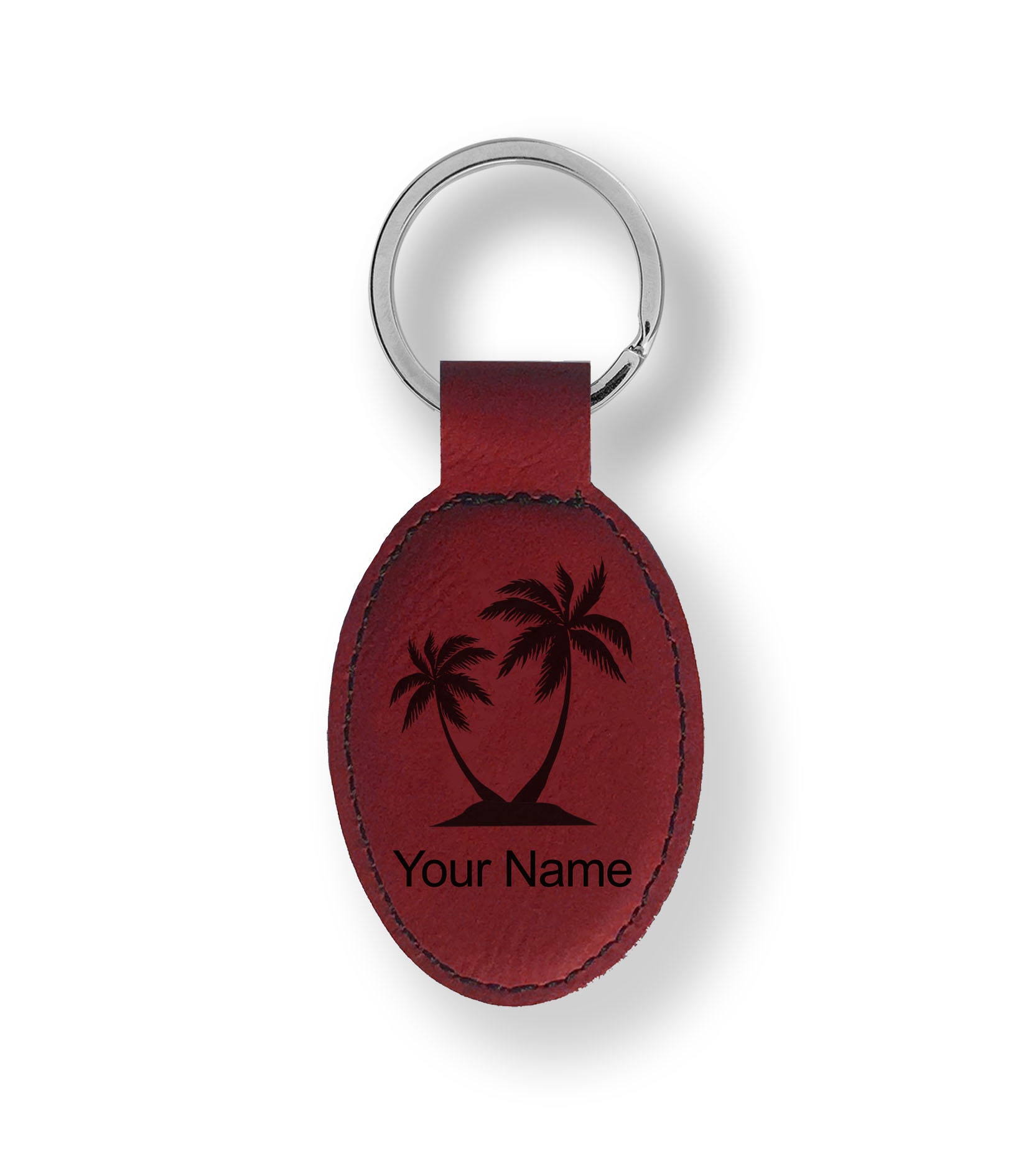 Faux Leather Oval Keychain, palm Trees, Personalized Engraving