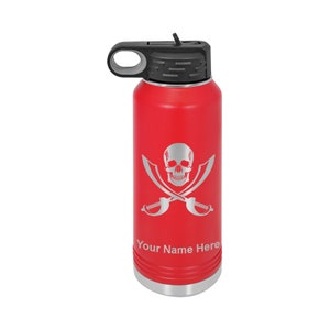 32oz Double Wall Flip Top Water Bottle with Straw, Jolly Roger, Personalized Engraving Included