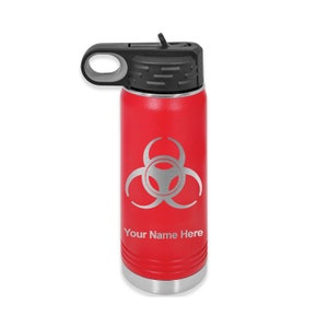20oz Double Wall Flip Top Water Bottle with Straw, Biohazard Symbol, Personalized Engraving Included