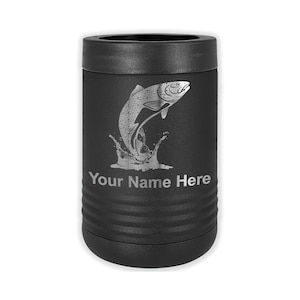 May include: Black stainless steel can cooler with a silver engraved image of a trout jumping out of the water. The text "Your Name Here" is engraved below the image.