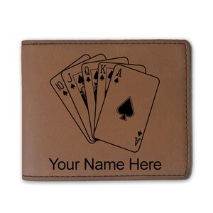 Cartera plegable de cuero sintético, cartas de póquer Royal Flush, grabado personalizado incluido