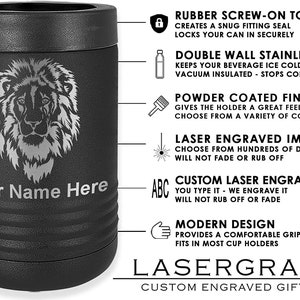 May include: Black stainless steel can cooler with a laser engraved lion head image and the text "Your Name Here". The cooler features a rubber screw-on top, double wall insulation, a powder coated finish, and a modern design.