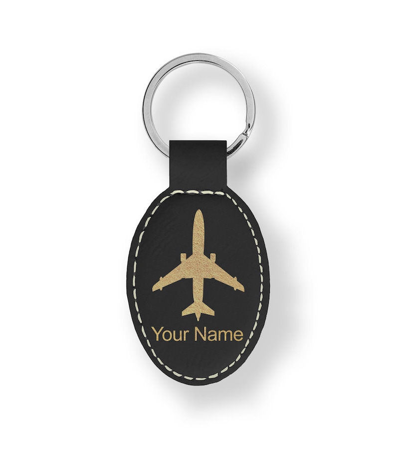 Faux Leather Oval Keychain,\u00a0Jet Airplane Personalized Engraving Included