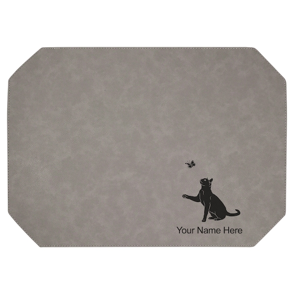 Faux Leather Place Mat, Cat with Butterfly, Personalized Engraving Included