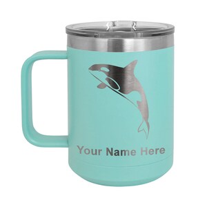 LaserGram 15oz Vacuum Insulated Coffee Mug, Killer Whale, Personalized Engraving Included