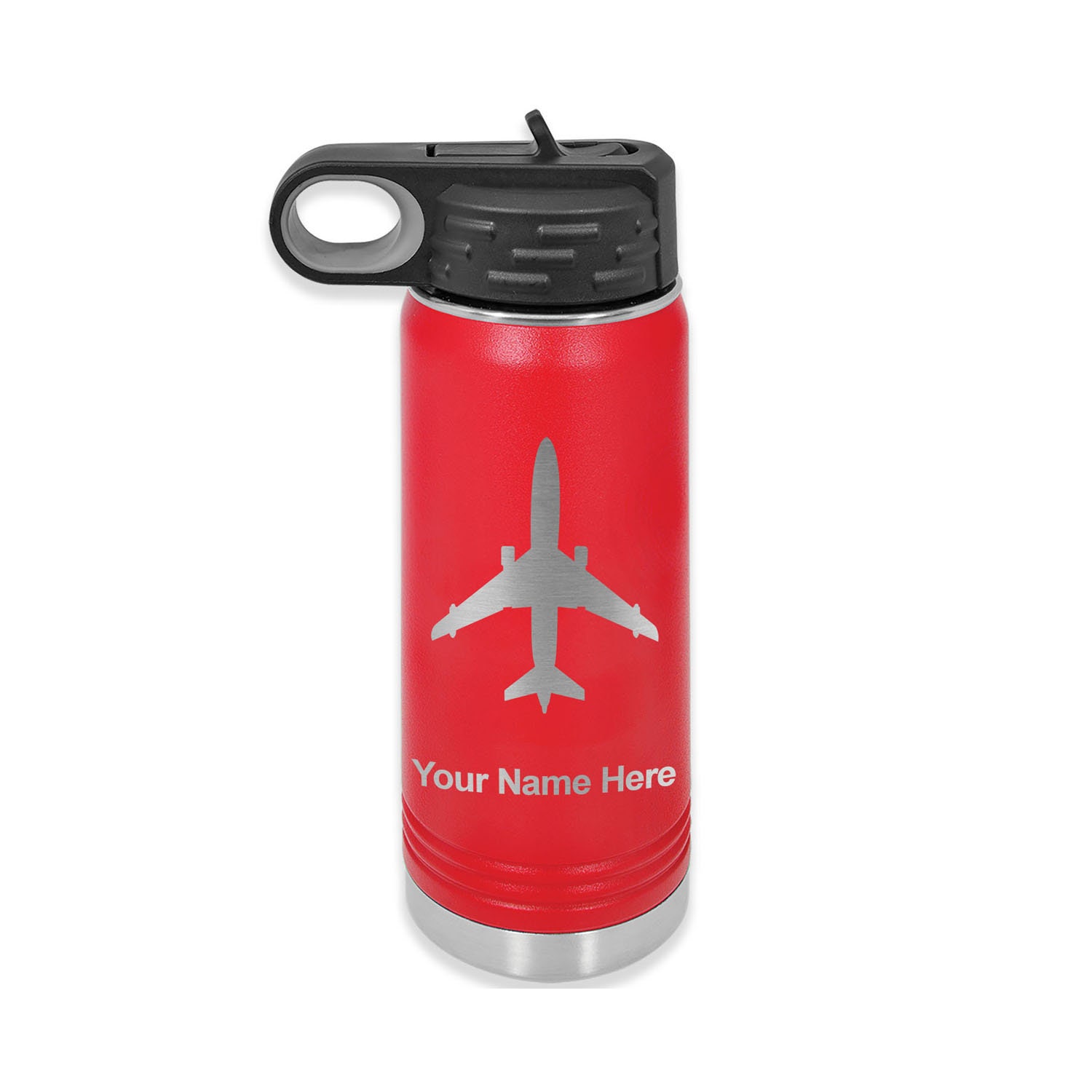 20oz Double Wall Flip Top Water Bottle With Straw, Jet Airplane,  Personalized Engraving Included 