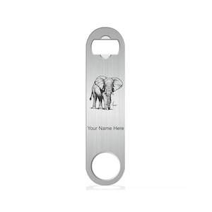 May include: Silver bottle opener with a black and white illustration of an elephant. The text "Your Name Here" is engraved below the image.
