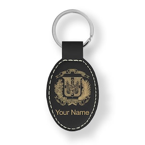 Faux Leather Oval Keychain, Coat of Arms Dominican Republic, Personalized Engraving Included