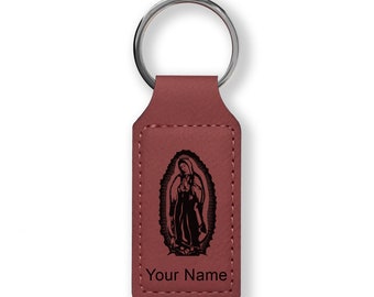 Faux Leather Rectangle Keychain, virgen De Guadalupe, Personalized
