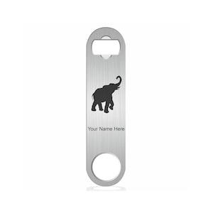 May include: Silver bottle opener with a silhouette of an elephant and the text "Your Name Here".