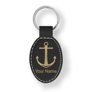 Faux Leather Oval Keychain, Boat Anchor, Personalized Engraving Included