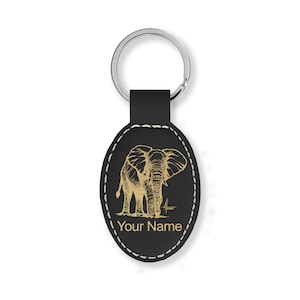 Faux Leather Oval Keychain, African Elephant, Personalized Engraving Included