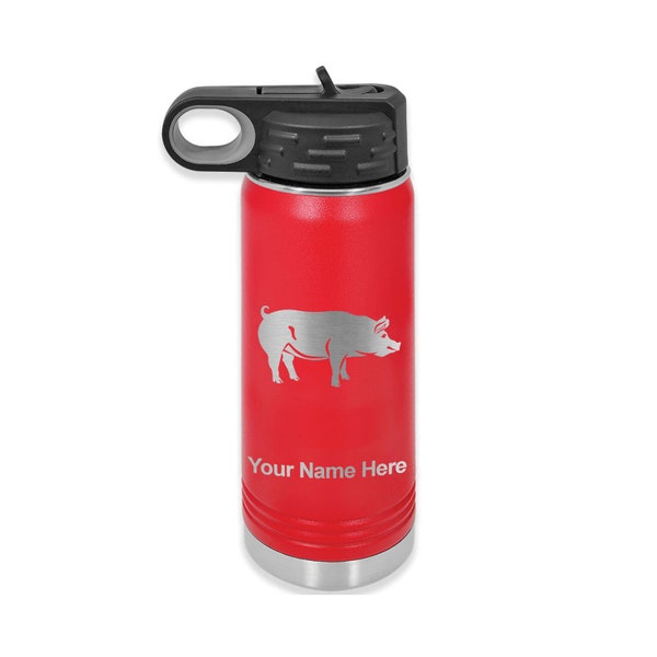 20oz Double Wall Flip Top Water Bottle with Straw, Pig, Personalized Engraving Included