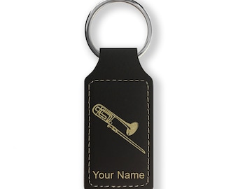 Faux Leather Rectangle Keychain, Trombone, Personalized Engraving Included