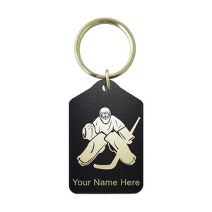 Black Metal Keychain, Hockey Goalie, Personalized Engraving Included