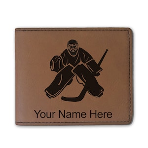 Cartera plegable de cuero sintético, portero de hockey, grabado personalizado incluido