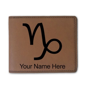 Cartera plegable de cuero sintético, signo zodiacal Capricornio, grabado personalizado incluido