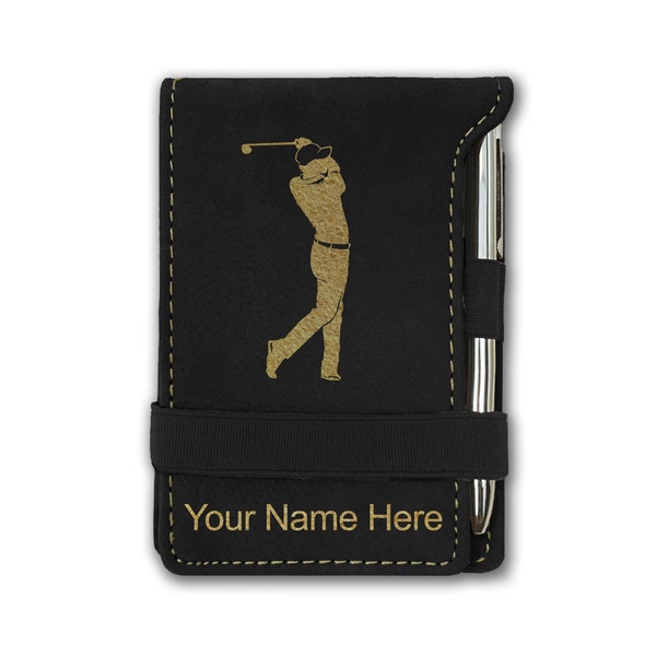 Faux Leather Mini Notepad, Golfer Golfing, Personalized Engraving Included