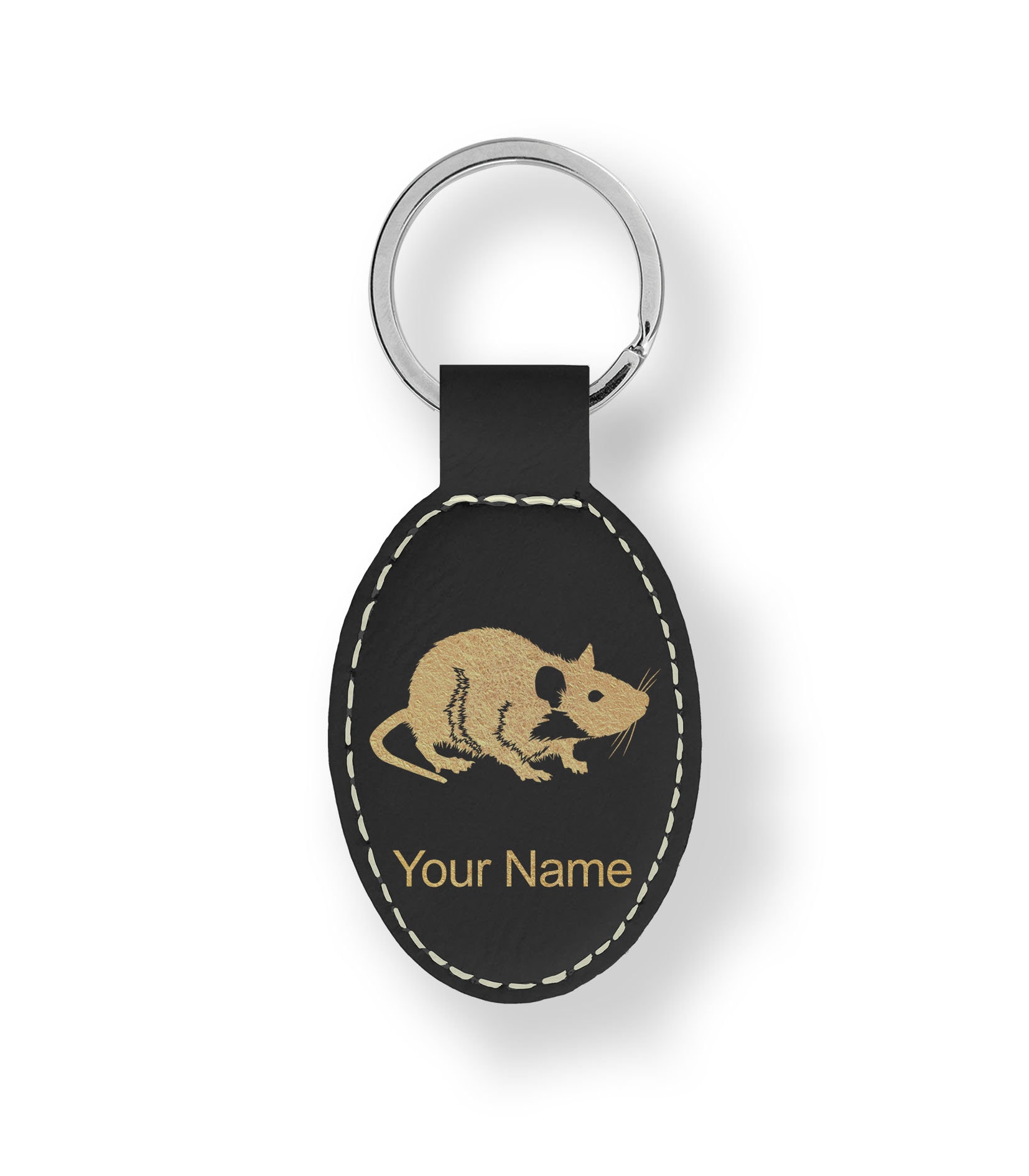 Faux Leather Oval Keychain, rat, Personalized Engraving Included