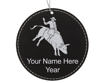 LaserGram Faux Leather Christmas Ornament, Bull Rider Cowboy, Personalized Engraving Included (Round Shape)