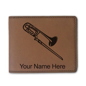 Cartera plegable de cuero sintético, trombón, grabado personalizado incluido