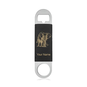 May include: A black leather bottle opener with a gold elephant design and the text "Your Name".