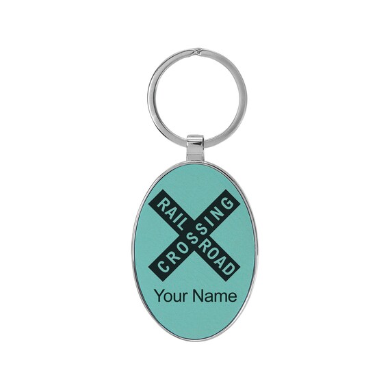 Oval Metal Frame Keychain, Railroad Crossing Sign 1, Personalized