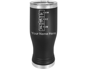 20oz Pilsner Mug, Swim Bike Run Vertical, Personalized Engraving Included