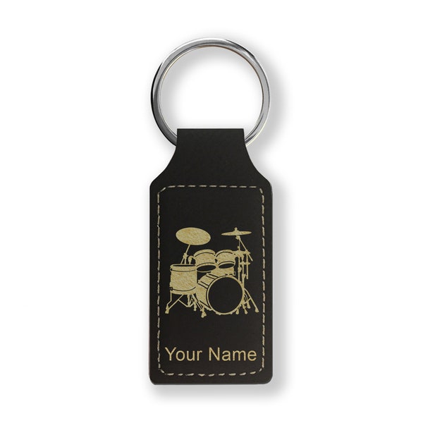 Faux Leather Rectangle Keychain, Drum Set, Personalized Engraving Included