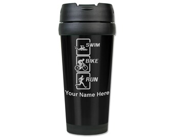 16oz Coffee Travel Mug, Swim Bike Run Vertical, Personalized Engraving Included