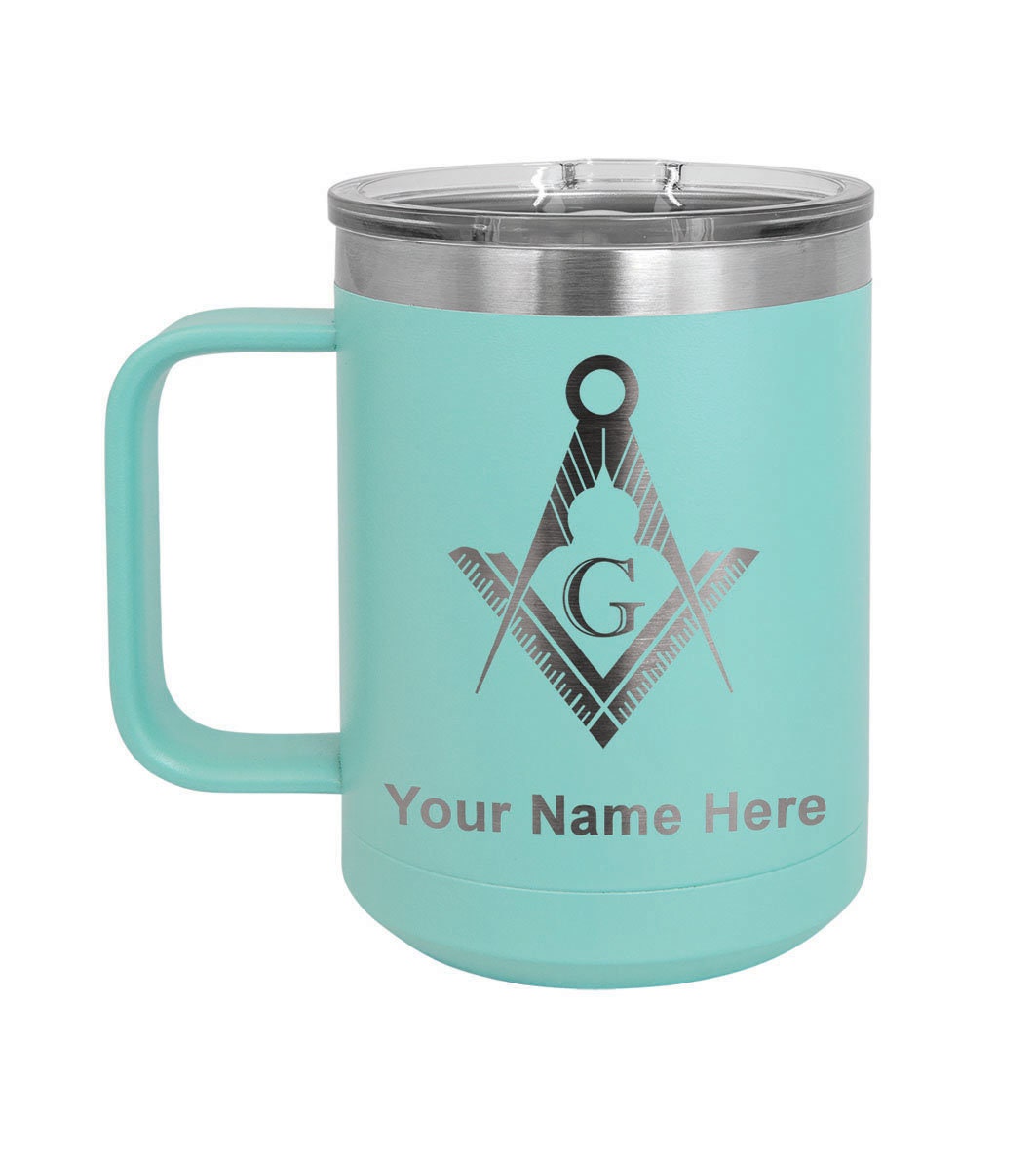 LaserGram 15oz Vacuum Insulated Coffee Mug, Freemason Symbol, Personalized Engraving Included