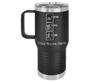 LaserGram 20oz Vacuum Insulated Coffee Mug With Handle, Swim Bike Run Vertical, Personalized Engraving Included